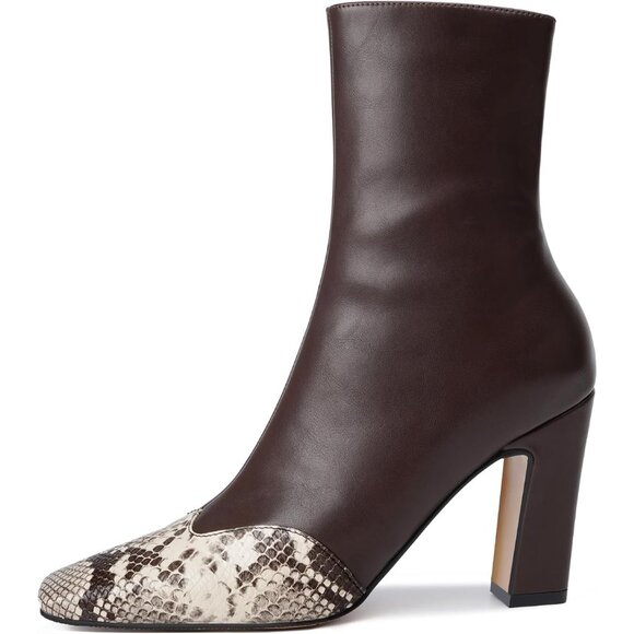 Women's Brown Ankle Boots Square Toe High Block Chunky Heel Snakeskin Booties - Picture 4 of 7